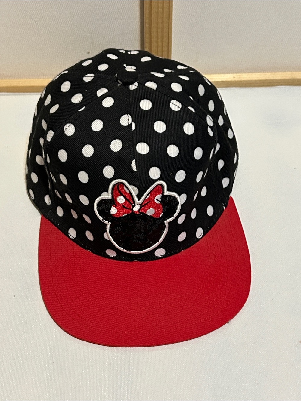 Black & White Polka Dot Cap with Red Brim and Bow Patch